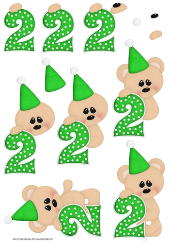 Birthday Bear Number 2 Green - A4 Decoupage