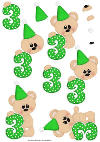Birthday Bear Number 3 Green - A4 Decoupage