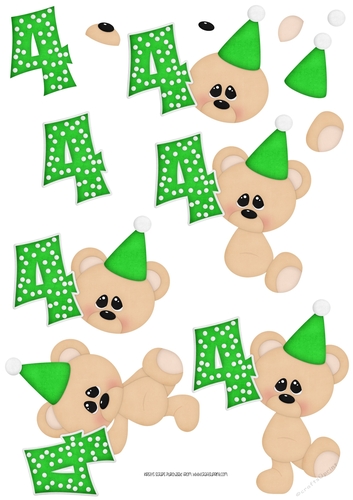 Birthday Bear Number 4 Green - A4 Decoupage