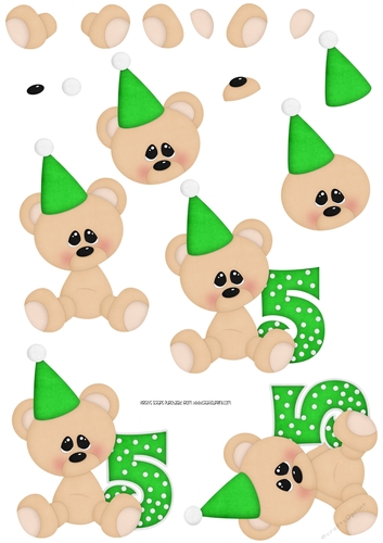 Birthday Bear Number 5 Green - A4 Decoupage
