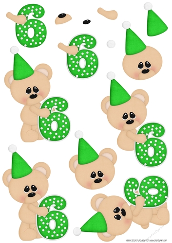 Birthday Bear Number 6 Green - A4 Decoupage