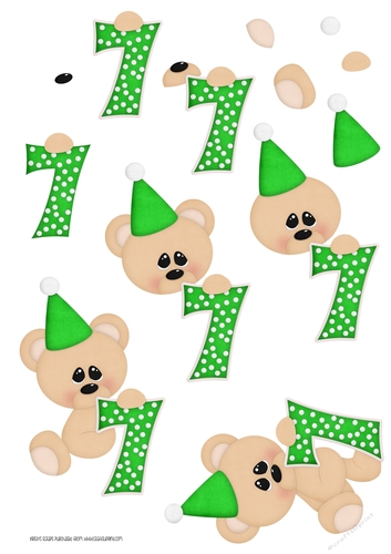 Birthday Bear Number 7 Green - A4 Decoupage