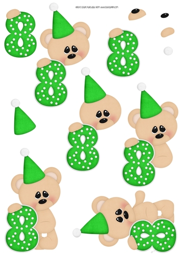 Birthday Bear Number 8 Green - A4 Decoupage