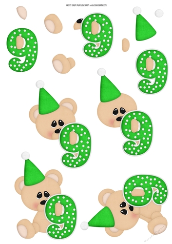 Birthday Bear Number 9 Green - A4 Decoupage