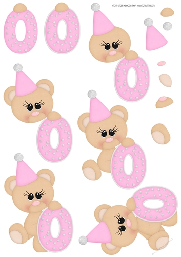 Birthday Bear Number 0 Pink - A4 Decoupage
