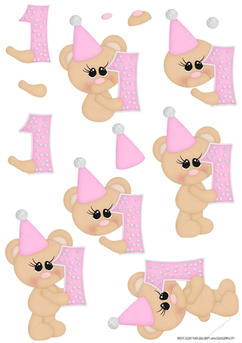 Birthday Bear Number 1 Pink - A4 Decoupage