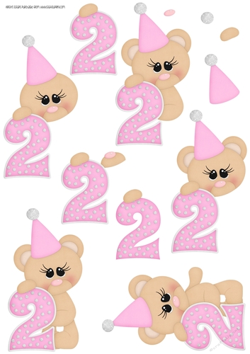 Birthday Bear Number 2 Pink - A4 Decoupage