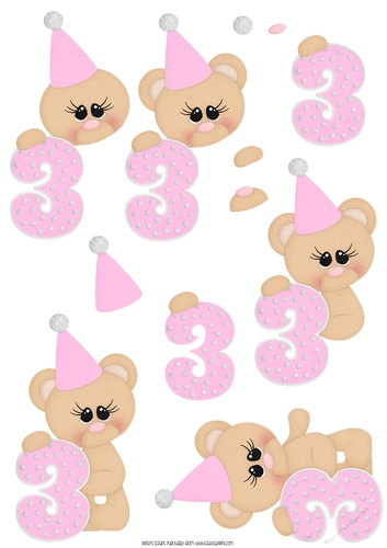 Birthday Bear Number 3 Pink - A4 Decoupage