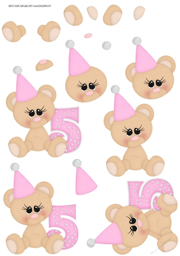 Birthday Bear Number 5 Pink - A4 Decoupage