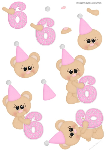 Birthday Bear Number 6 Pink - A4 Decoupage