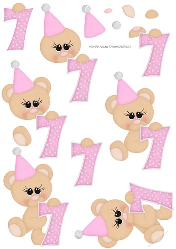 Birthday Bear Number 7 Pink - A4 Decoupage
