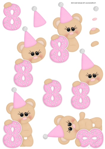 Birthday Bear Number 8 Pink - A4 Decoupage