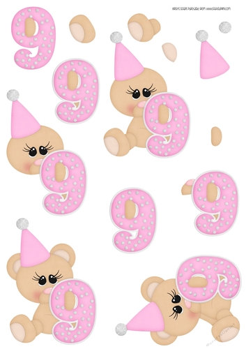 Birthday Bear Number 9 Pink - A4 Decoupage
