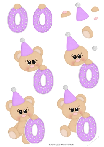 Birthday Bear Number 0 Purple - A4 Decoupage