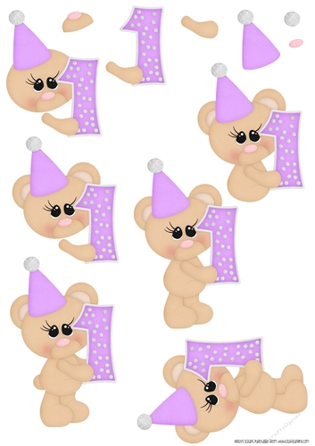 Birthday Bear Number 1 Purple - A4 Decoupage