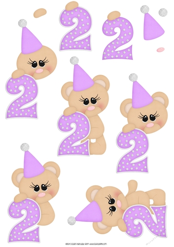 Birthday Bear Number 2 Purple - A4 Decoupage