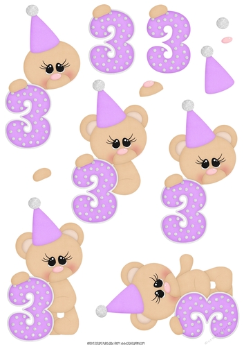 Birthday Bear Number 3 Purple - A4 Decoupage