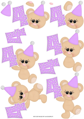 Birthday Bear Number 4 Purple - A4 Decoupage