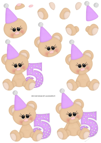 Birthday Bear Number 5 Purple - A4 Decoupage