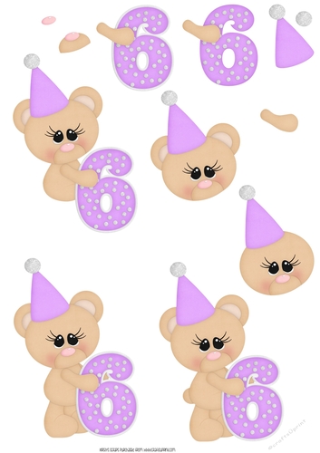 Birthday Bear Number 6 Purple - A4 Decoupage
