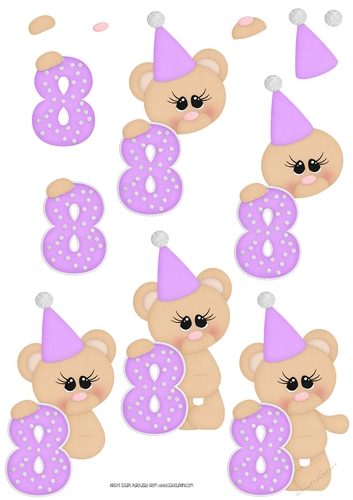 Birthday Bear Number 8 Purple - A4 Decoupage