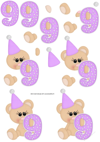 Birthday Bear Number 9 Purple - A4 Decoupage