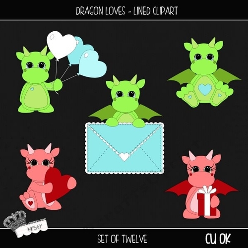 Dragon Loves - Lined Clipart