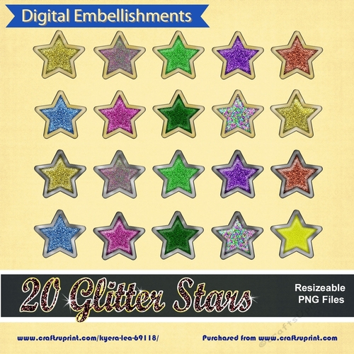 20 Glitter PNG Stars with a Transparent Background