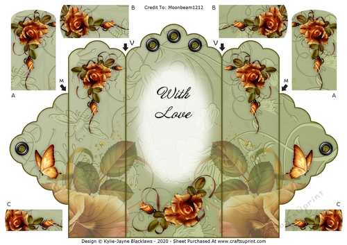 October Roses - With Love - Scallop Top Tri Fold Card