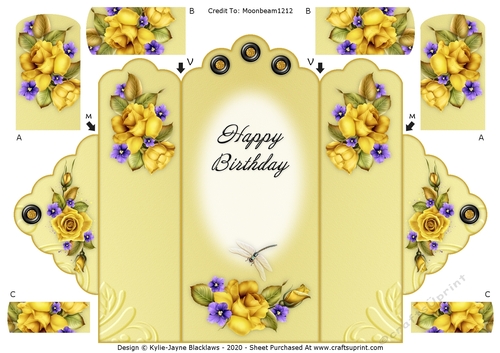 Yellow Roses - Happy Birthday - Scallop Top Tri Fold Card