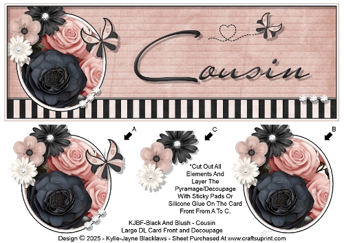 Black And Blush - Cousin - Large DL 3D Decoupage Card
