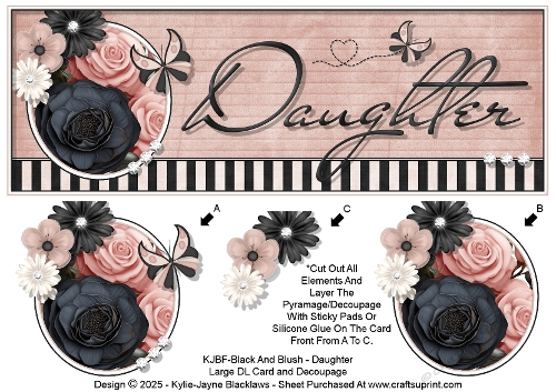 Black And Blush - Daughter - Large DL 3D Decoupage Card