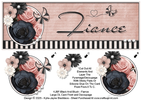Black And Blush - Fiance - Large DL 3D Decoupage Card