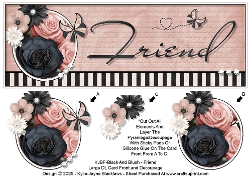 Black And Blush - Friend - Large DL 3D Decoupage Card