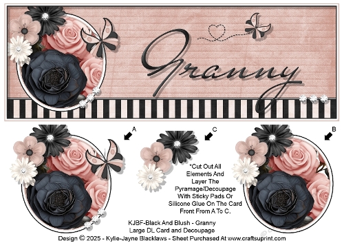 Black And Blush - Granny - Large DL 3D Decoupage Card
