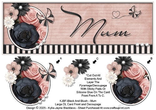 Black And Blush - Mum - Large DL 3D Decoupage Card