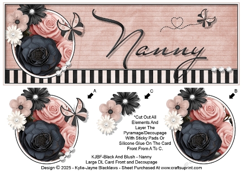 Black And Blush - Nanny - Large DL 3D Decoupage Card