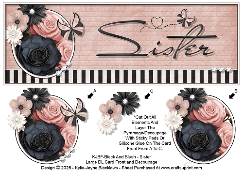 Black And Blush - Sister - Large DL 3D Decoupage Card