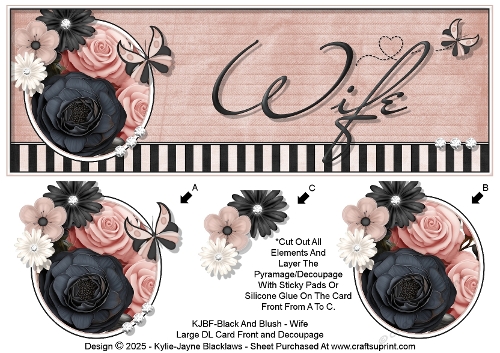 Black And Blush - Wife - Large DL 3D Decoupage Card