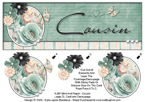 Mint And Peach - Cousin - Large DL 3D Decoupage Card