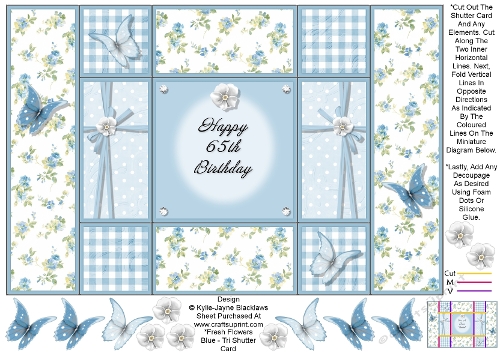 Fresh Blue Flowers - 65th Birthday - Tri Shutter Card