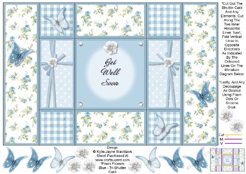 Fresh Blue Flowers - Get Well Soon - Tri Shutter Card