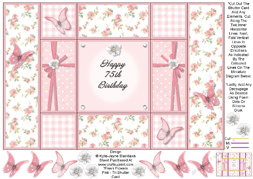 Fresh Pink Flowers - Happy 75th Birthday - Tri Shutter Card