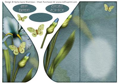 Blue Iris and Butterflies Teardrop Card