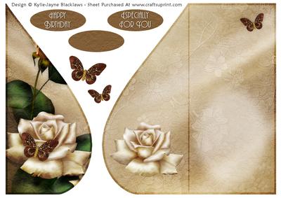 Cream Rose and Butterflies Teardrop Card