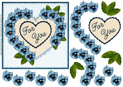 Heart Pansies Blue 1 - for You - Decoupage Card