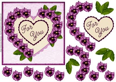 Heart Pansies Lilac 1 - for You - Decoupage Card