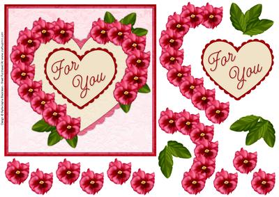 Heart Pansies Pink 1 - for You - Decoupage Card