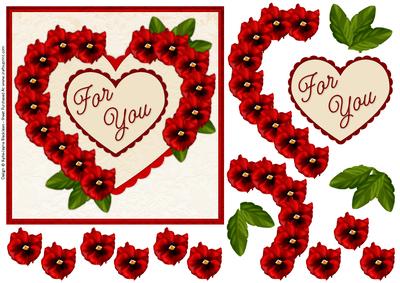 Heart Pansies Red 1 - for You - Decoupage Card