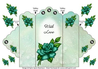 Teal Rose - with Love - Scallop Top Tri Fold Card
